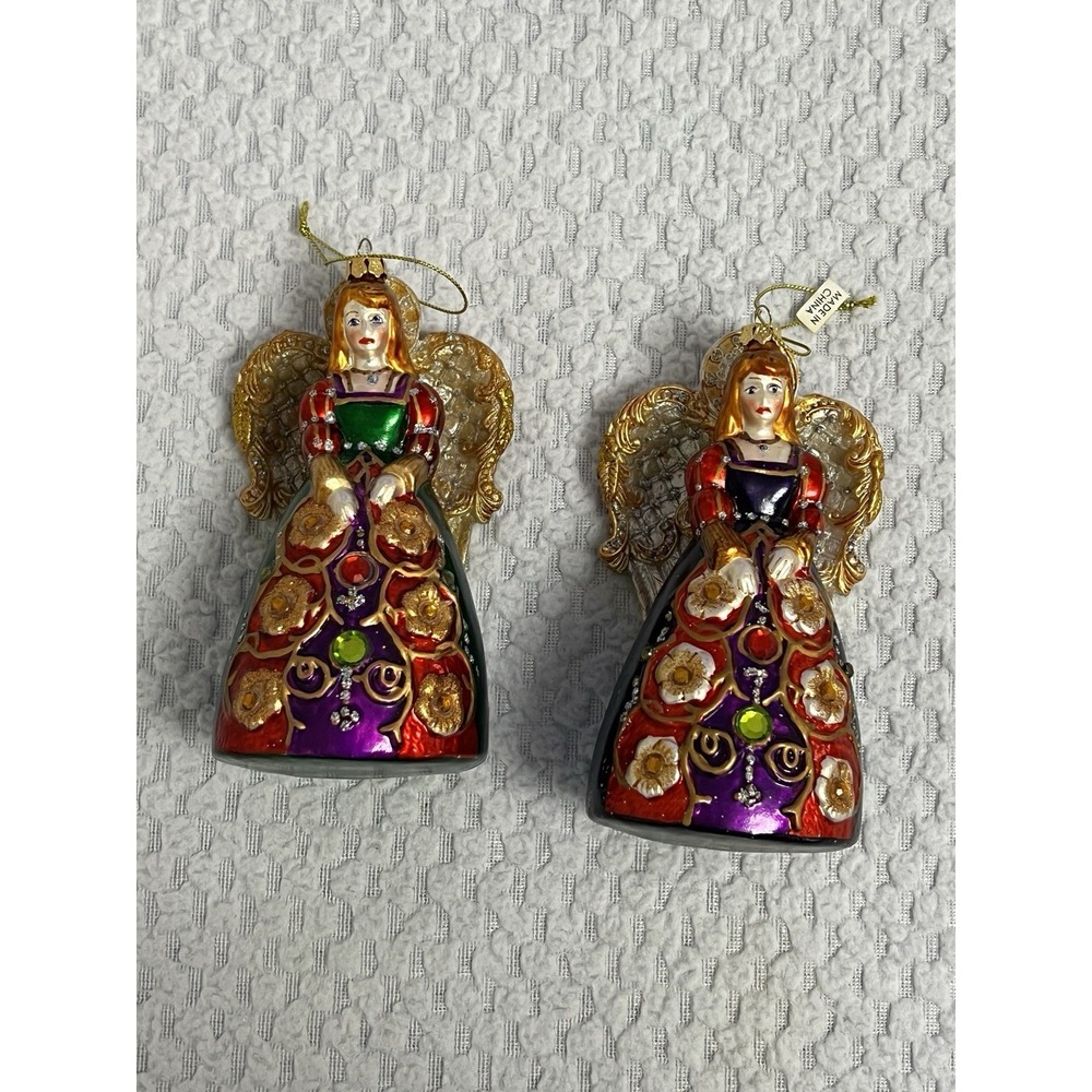VTG Hand Painted Jeweled Glass Angel Christmas Ornament Holiday Tree‎ Decor
